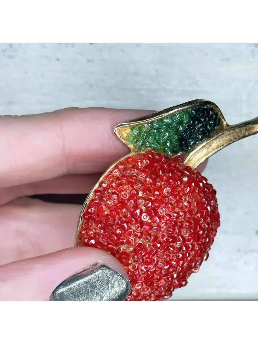 285. Vintage Glass Seed Beads Fruit Teacher’s Gift Red Beaded Apple Brooch